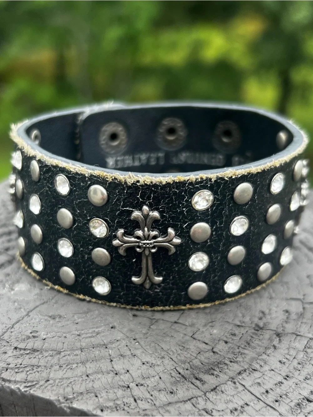 Distressed Genuine Leather Cross Studded Cuff Bracelet